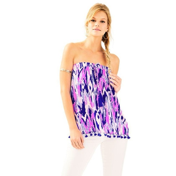 Lilly Pulitzer Palma Tube Top Women’s Size L One Too Many Print Pom Tassel Hem - Picture 1 of 5